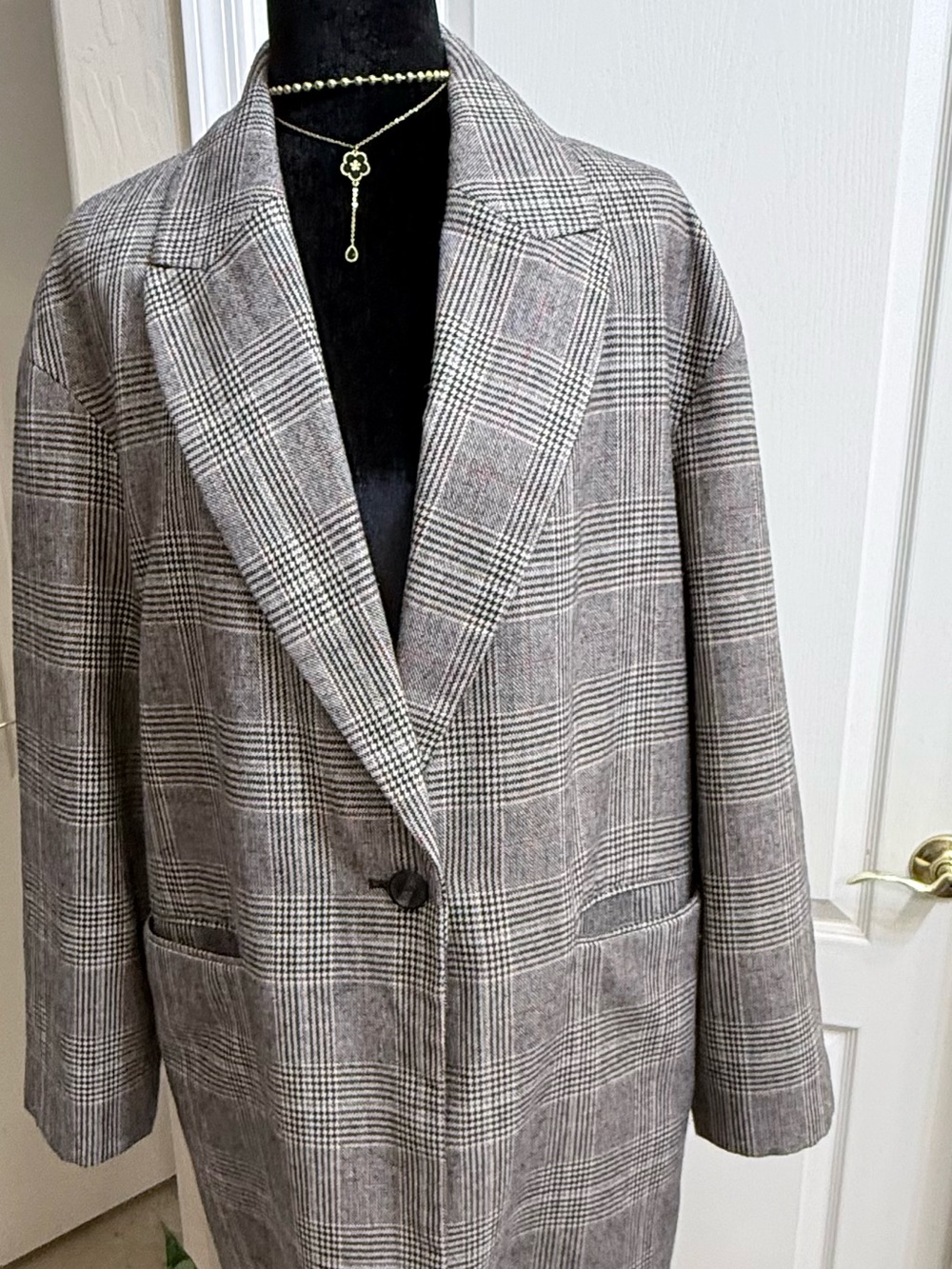 Zara Gray Plaid Single-Button Blazer Coat